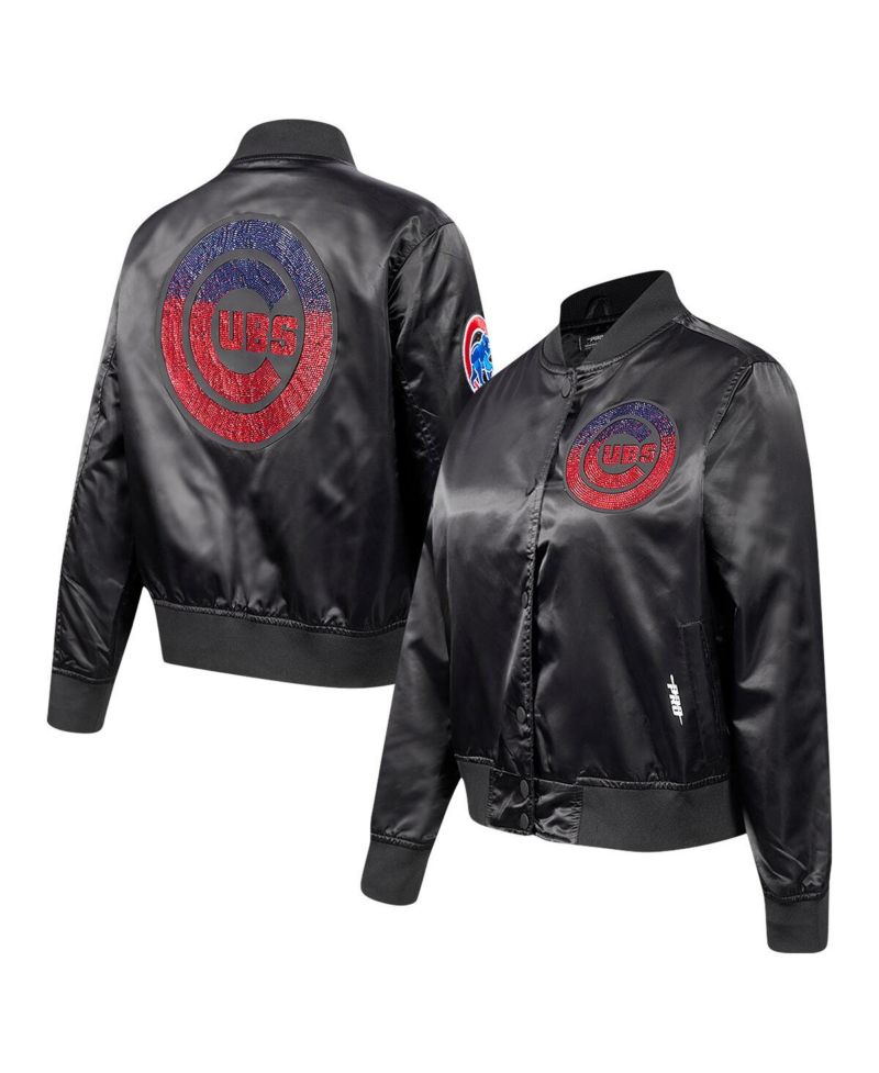 Women's Black Chicago Cubs Rhinestone Satin Full-Snap Jacket