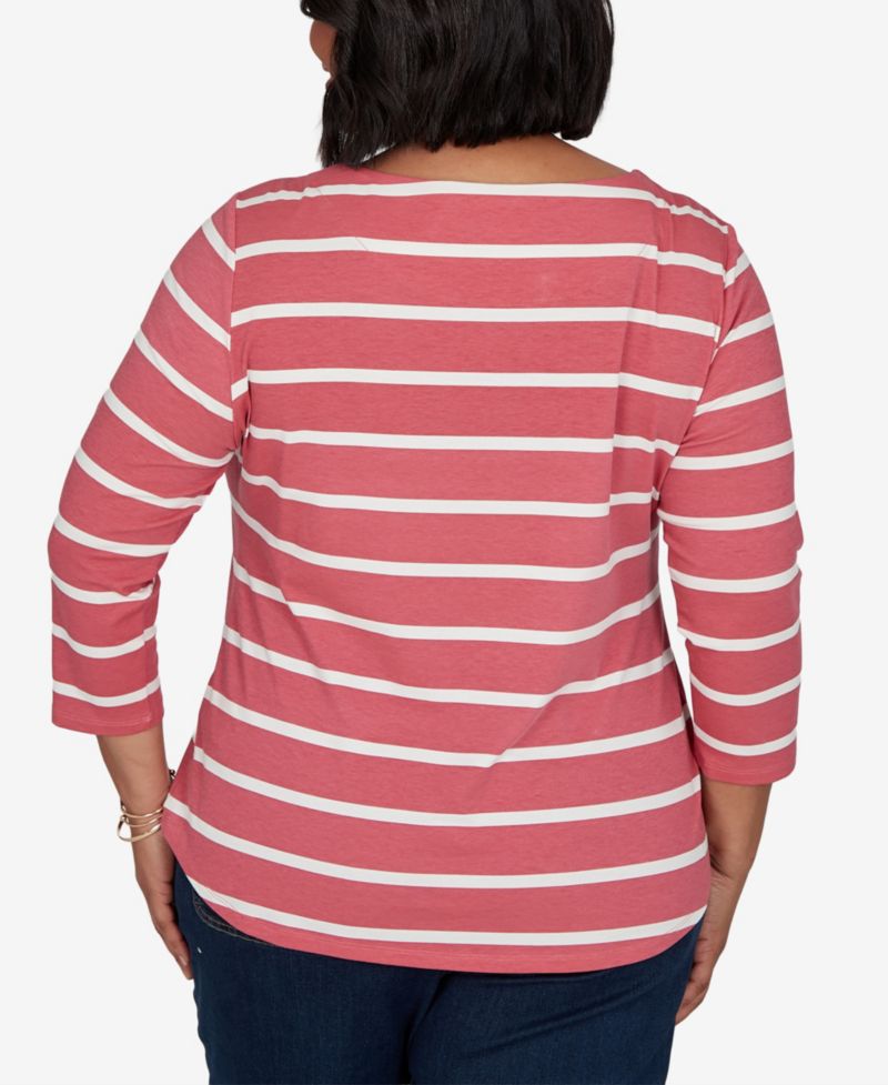 Plus Size Boat Neck 3/4-Sleeve Striped T-Shirt