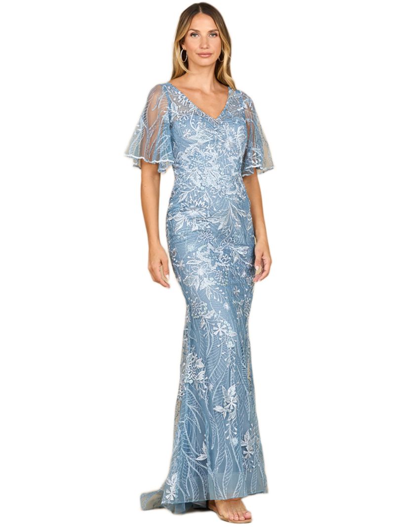 Women's Overskirt Lace Fitted V-Neck Gown with Cape Sleeves