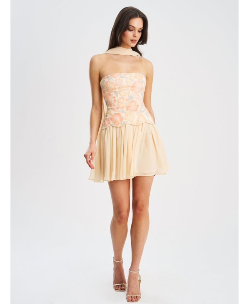 Women's Quanisha Yellow Beaded Floral Mini Chiffon Dress with Scarf