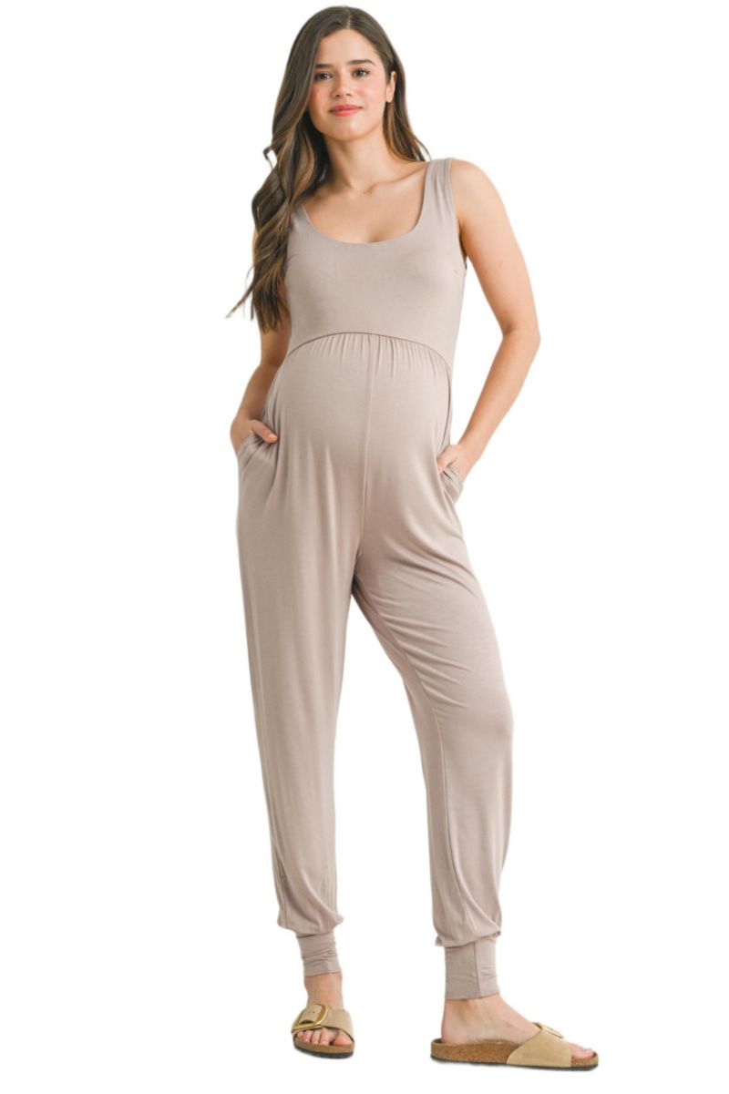 Maternity Sleeveless Scoop Neck Jumpsuit with Pockets