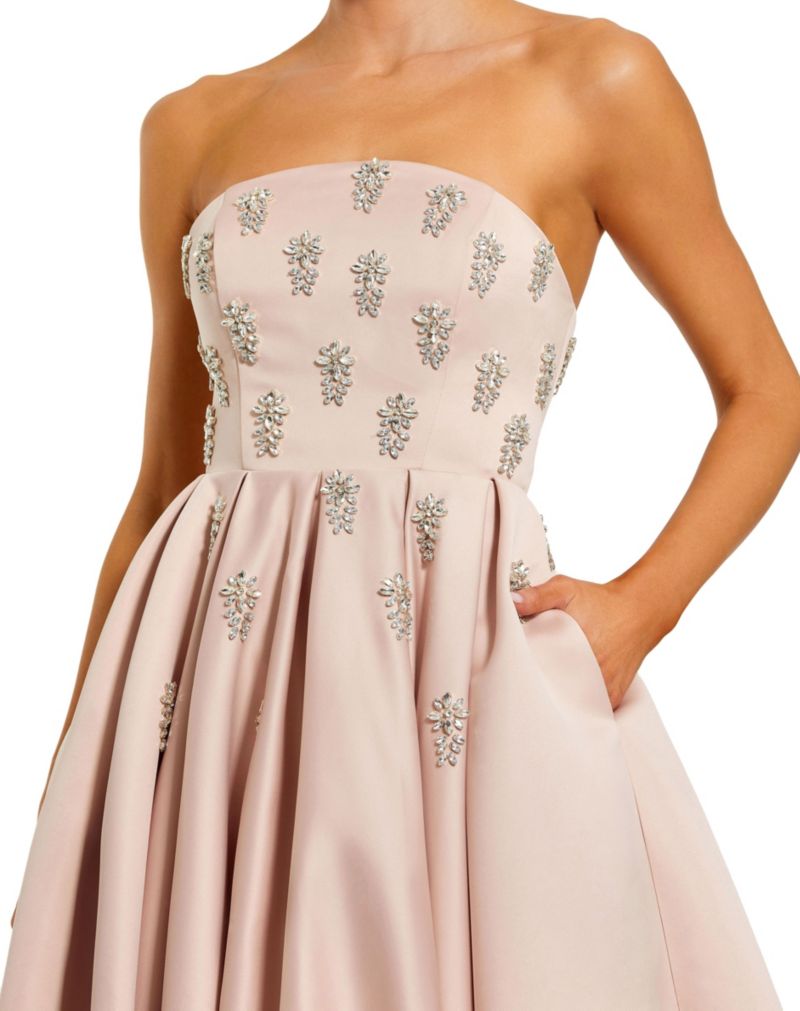 Women's Crystal Embellished Strapless Satin A-Line Dress