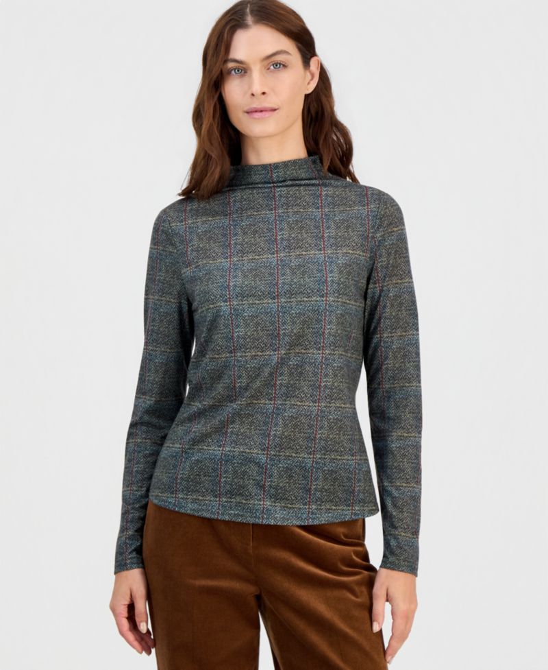Women's Mock-Neck Plaid Top