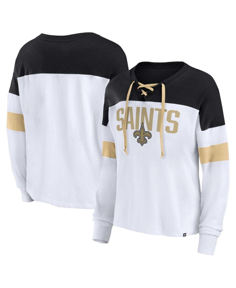 Women's White, Black New Orleans Saints Plus Size Even Match Lace-Up Long Sleeve V-Neck Top