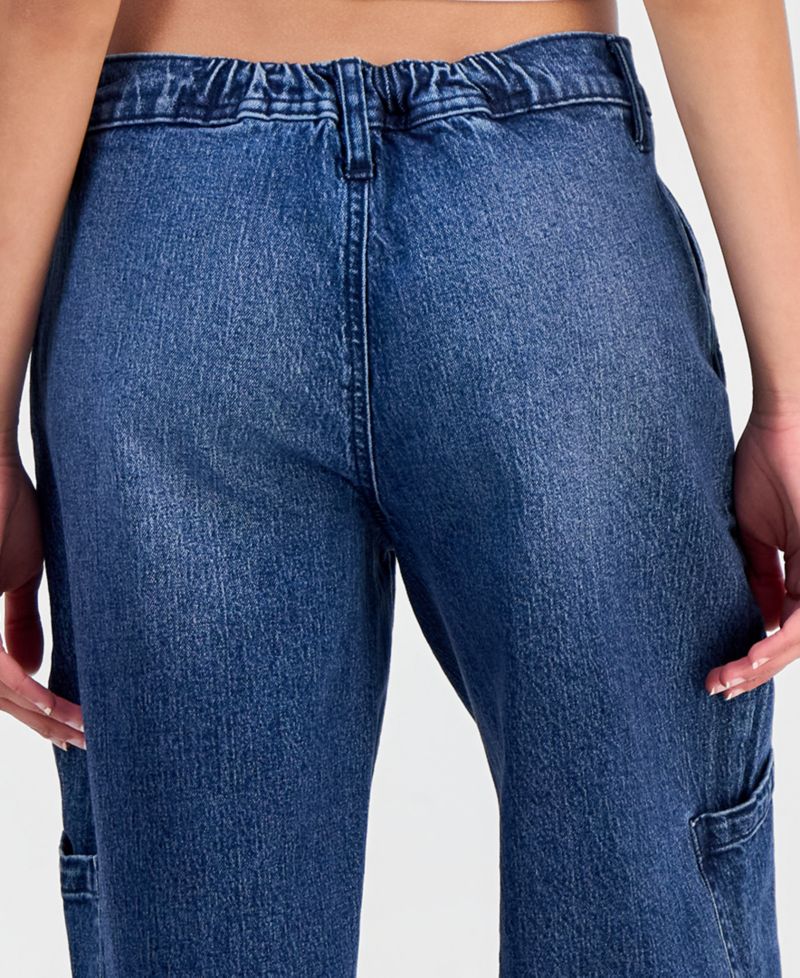 Juniors' Elastic-Back Mid-Rise Wide-Leg Cargo Jeans