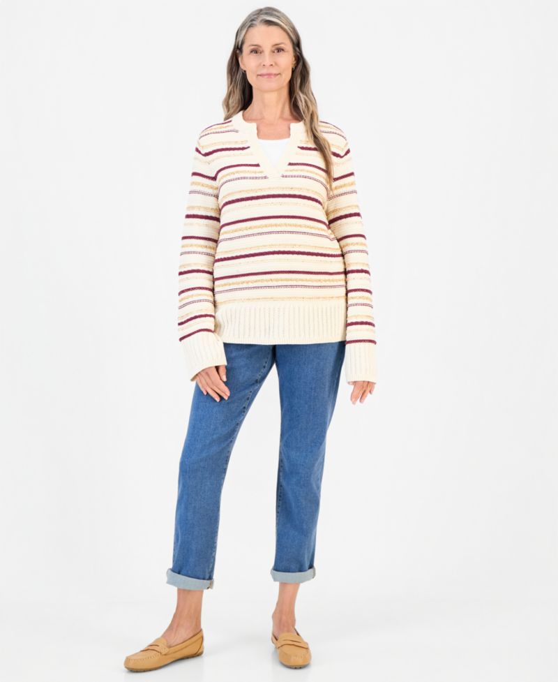 Women's Sequin Split-Neck Striped Sweater