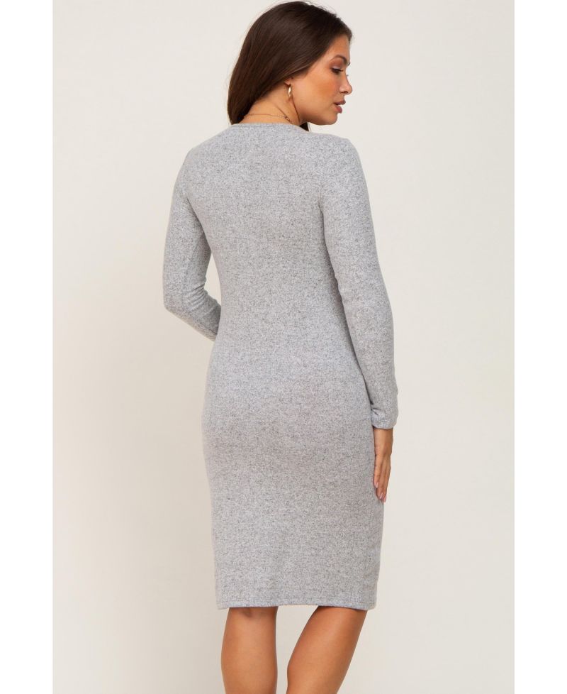 Women's Heather Grey Brushed Knit Long Sleeve Wrap Nursing Dress