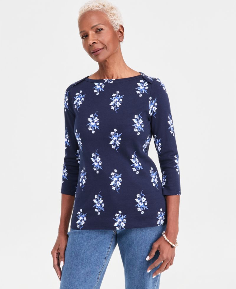 Women's Printed Pima Cotton 3/4-Sleeve Boat-Neck Top