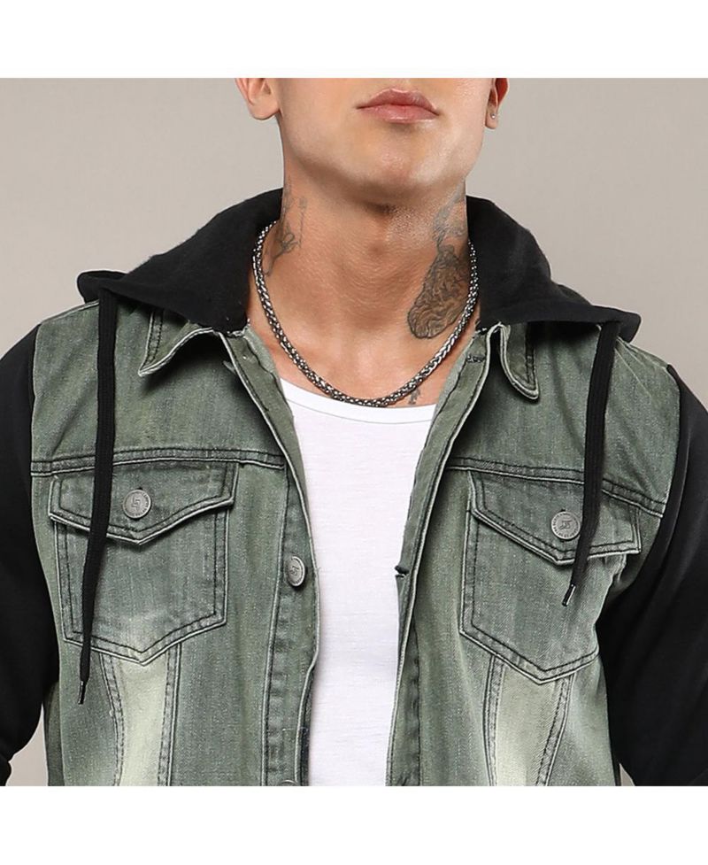 Men's Light-Wash Hooded Denim Jacket With Sweatshirt-Style Sleeves