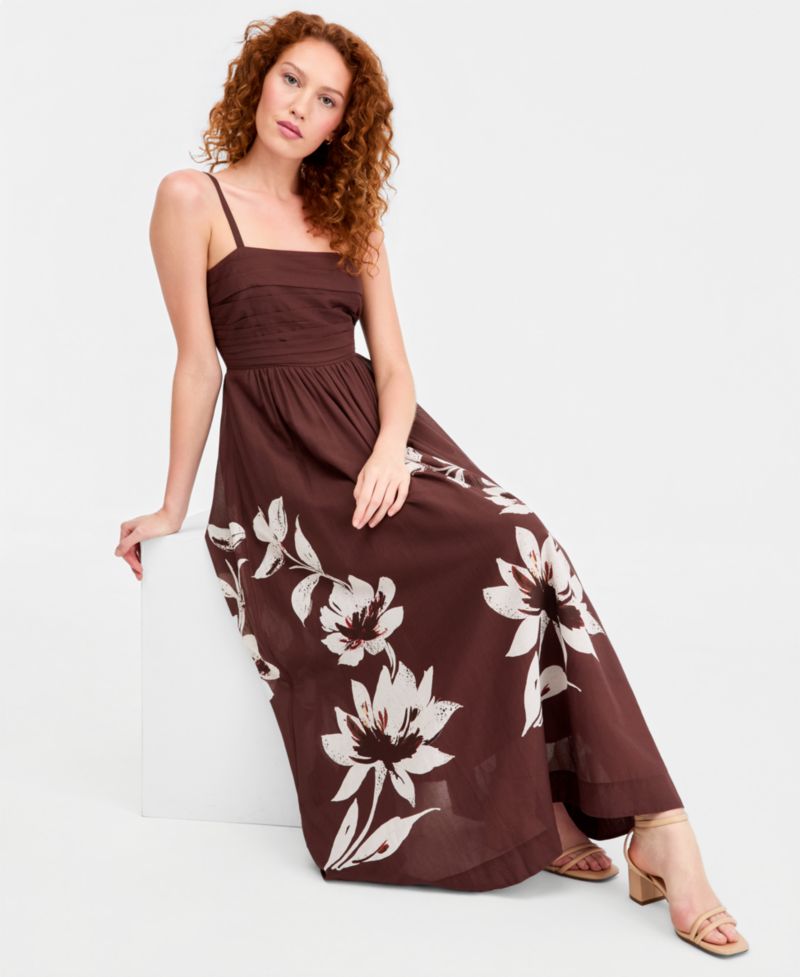 Women's Pleated-Bodice Printed Cotton Maxi Dress