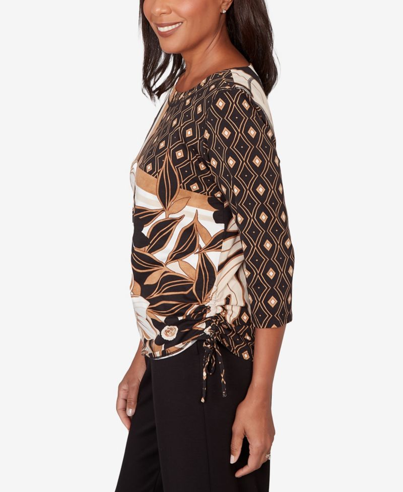 Women's Seville Floral Geometric Patchwork Side- Tie Crewneck Top