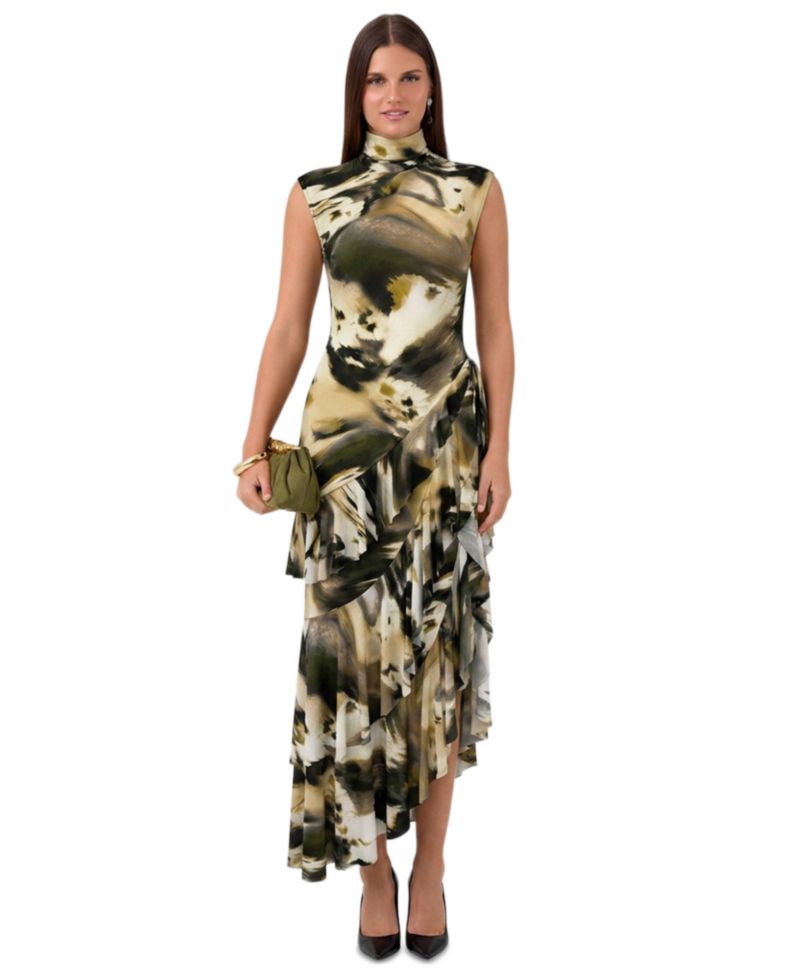 Women's Mock-Neck Asymmetrical-Ruffle Midi Dress