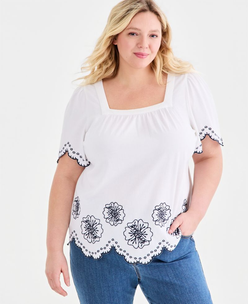 Plus Size Scallop Embroidered-Trim Square-Neck Top