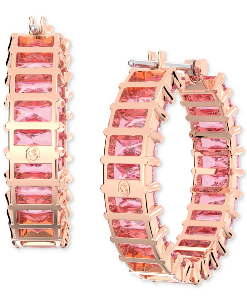 14k Rose Gold-Plated Small Pink Baguette Cubic Zirconia Hoop Earrings, 0.87"