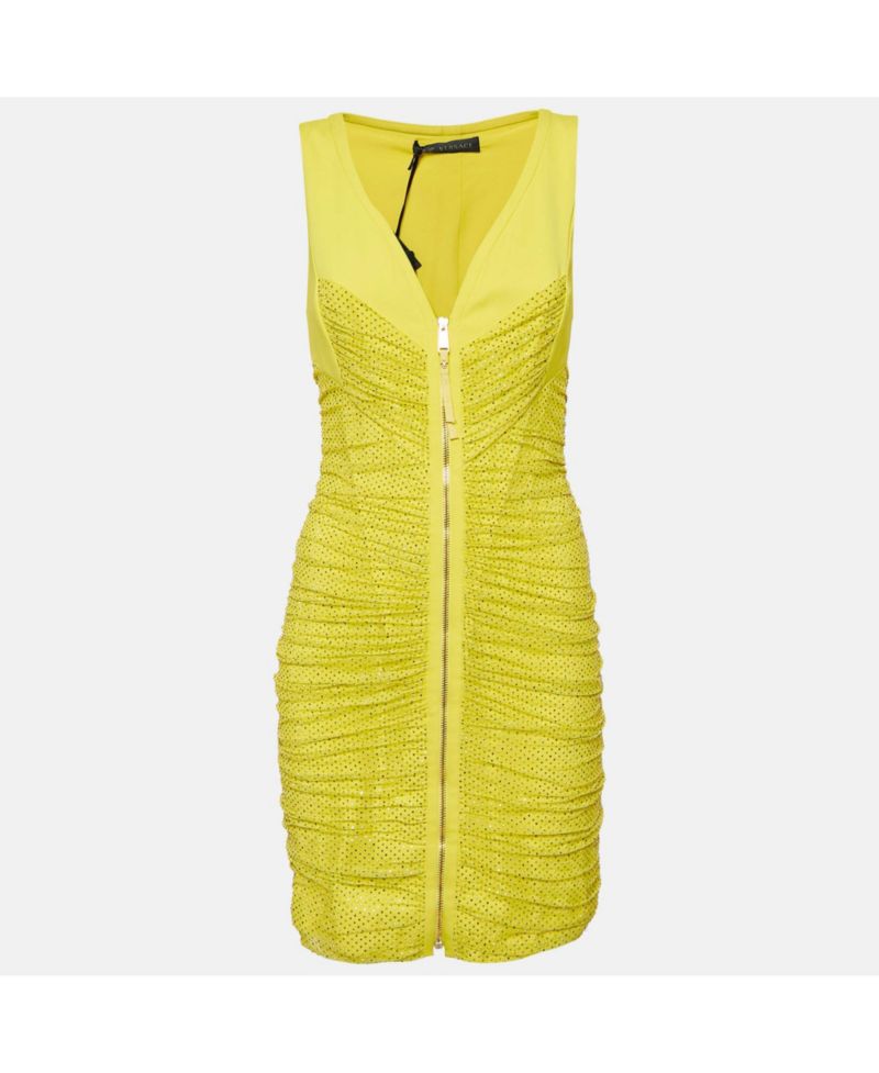 Women's Yellow Embellished Tulle And Jersey Ruche Mini Dress