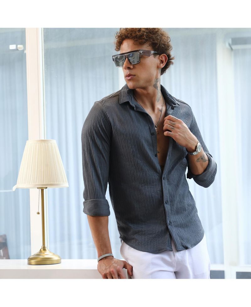 Men's Powder Grey Solid Creased Shirt