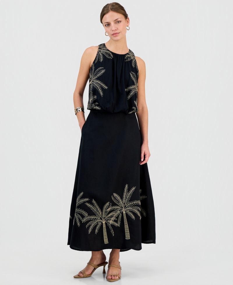 Petite Cotton Embroidered Cinched Tank Top & Embroidered Midi Skirt