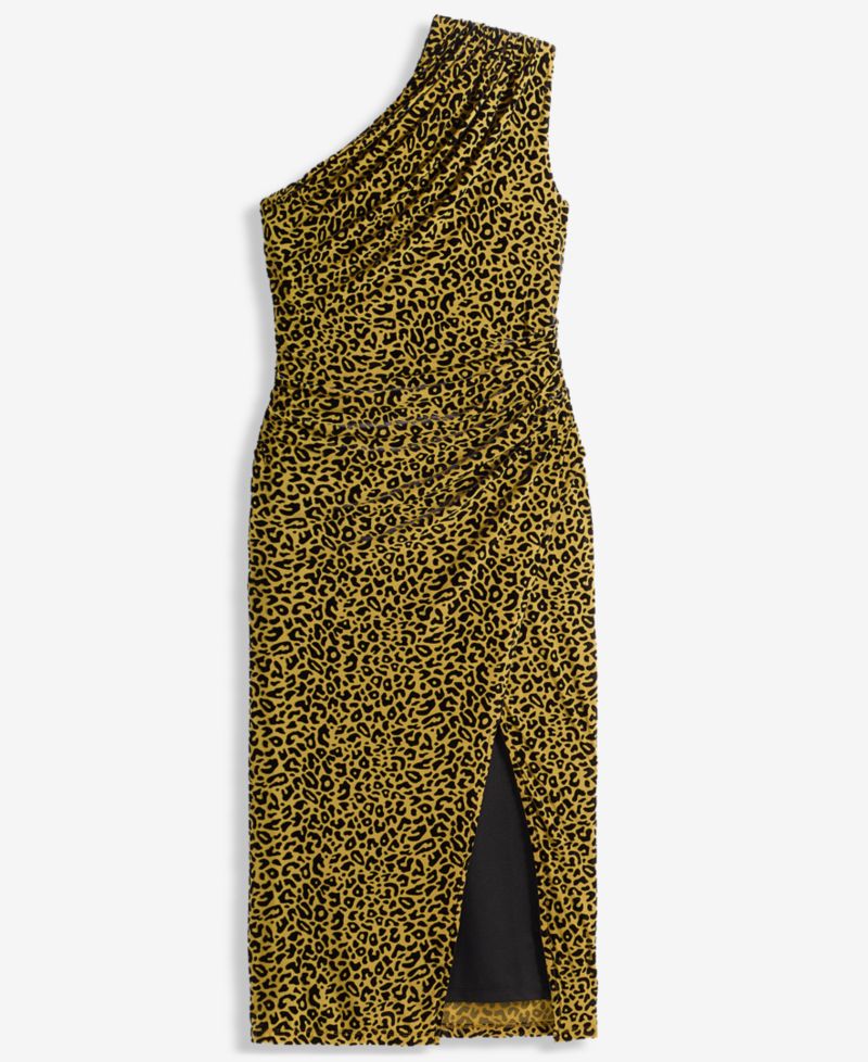 Women's Leopard Embossed One-Shoulder Side-Slit Dress