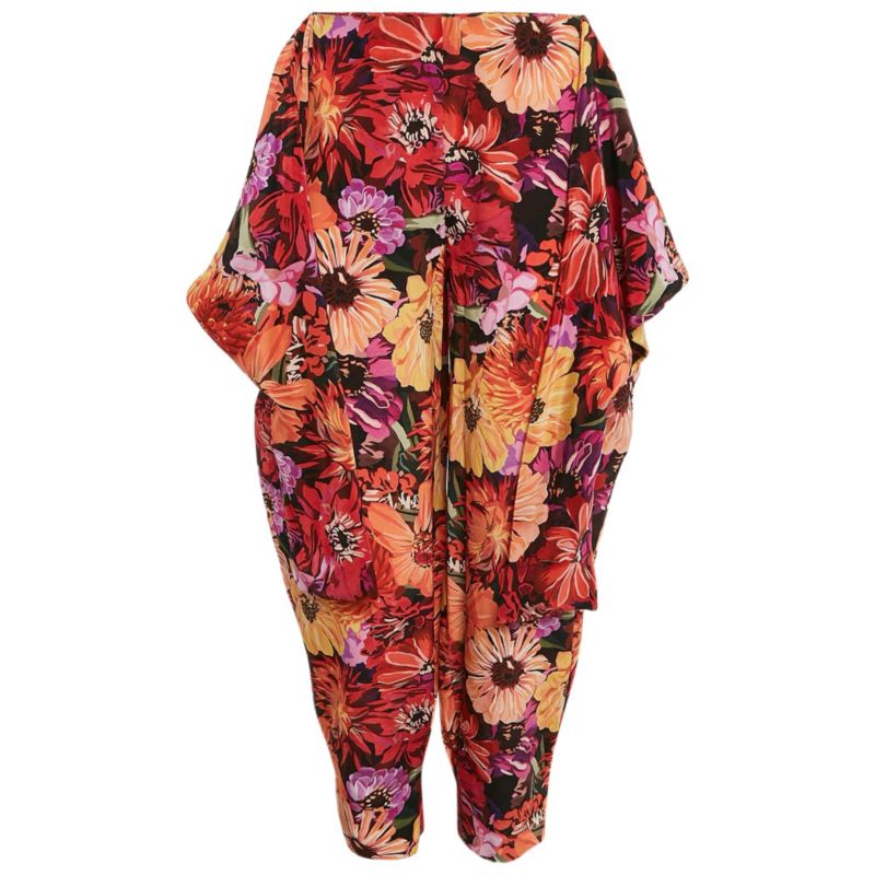 Women's Red Floral Print Silk Tie-Up Trousers