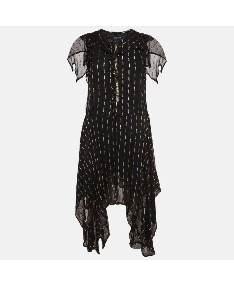 Women's Black & Gold Shiny Crepe Ruffled Dress