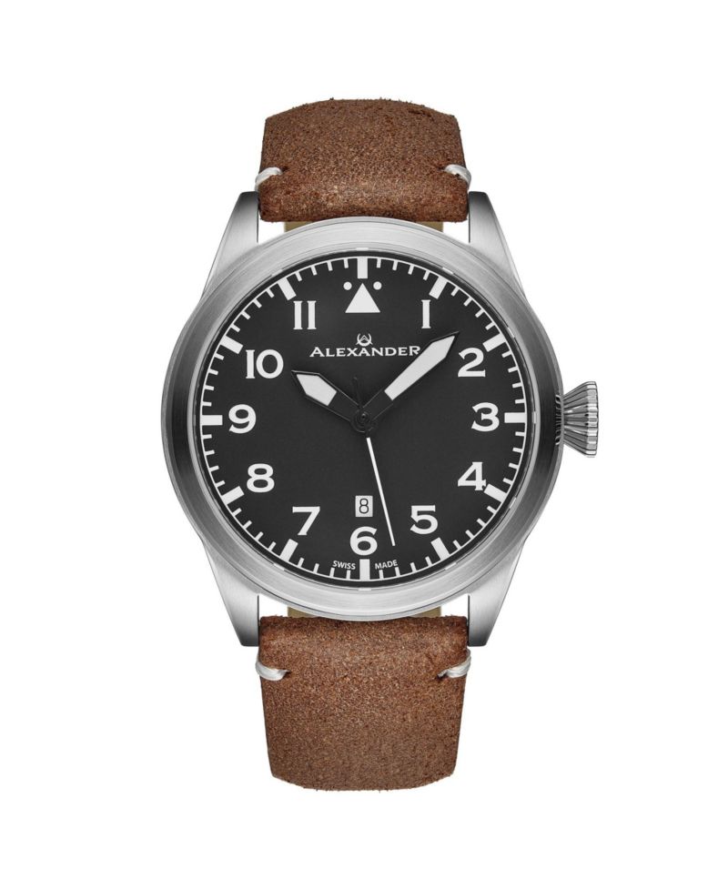 Men's Swiss Made Aviator A601.02 Quartz Watch with Dial, Suede Leather Strap, Sapphire Crystal, 42mm