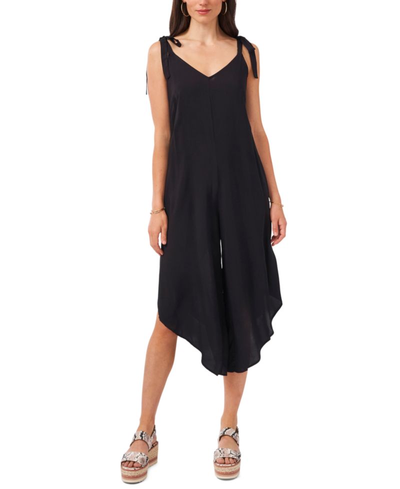 Women's V-Neck Sleeveless Tie-Shoulder Angled-Hem Jumpsuit