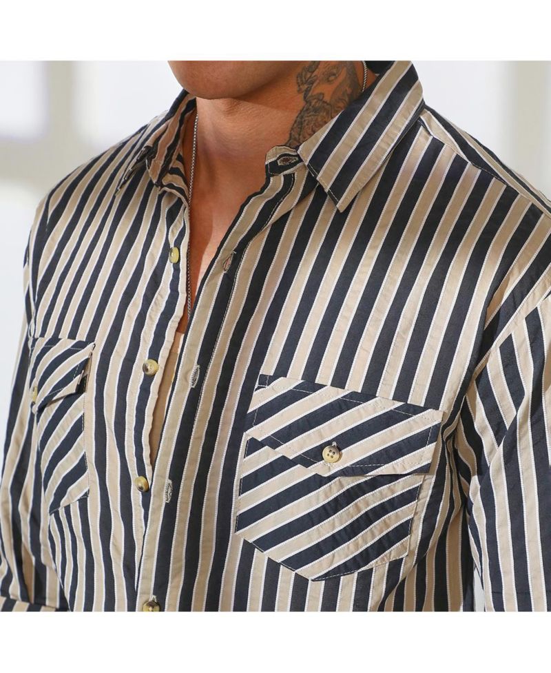 Men's Navy Blue & Khaki Beige Candy Striped Oversized Shirt