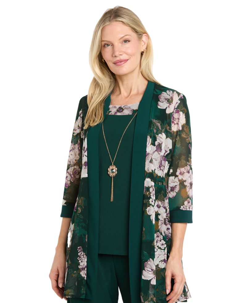 Women's Floral-Print Mesh Wide-Leg Jacket, Cami and Pants Set