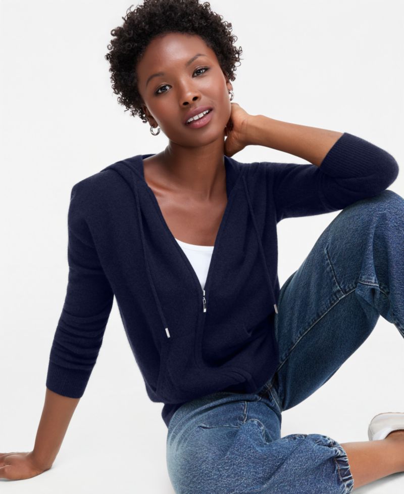 Petite Cashmere Long-Sleeve Zip-Front Hoodie