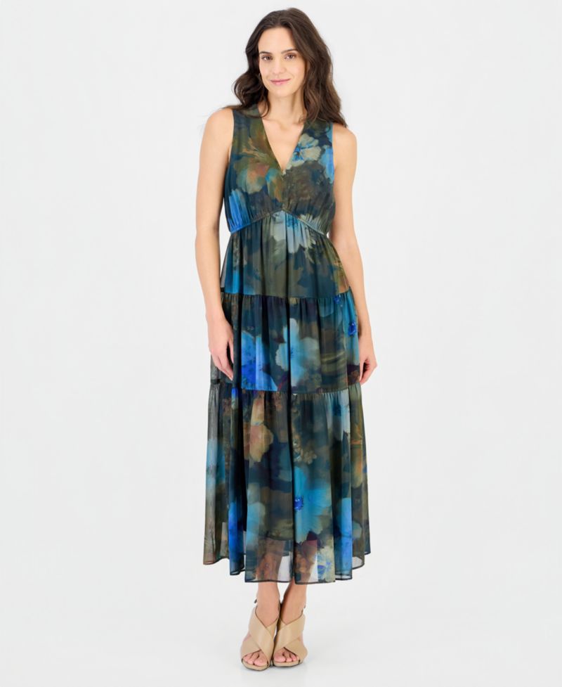 Women's Sl Tiered Maxi Sleeveless V-Neck Floral-Print Dress