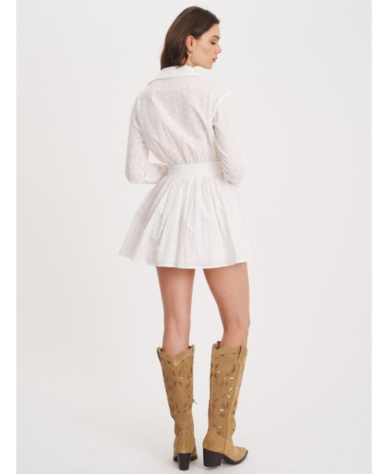 Women's Gabriella White Cotton Eyelet Button Up Long Sleeve Shirt Dress