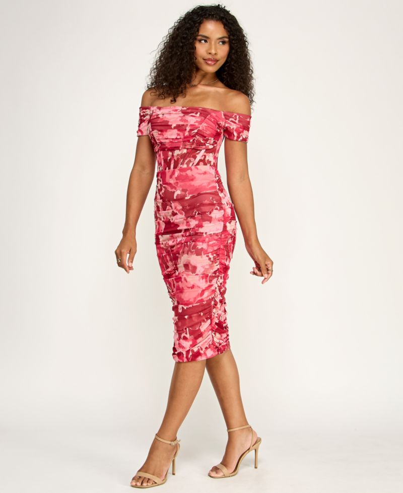 Juniors' Printed Off-The-Shoulder Corset Ruched Midi Dress