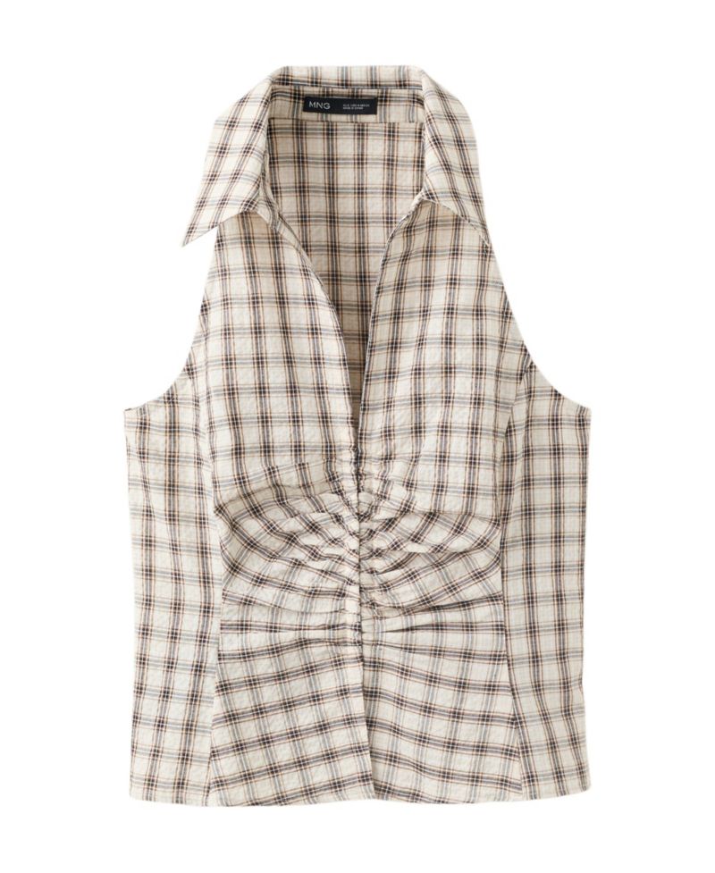 Women's Plaid Ruched V-Neck Blouse