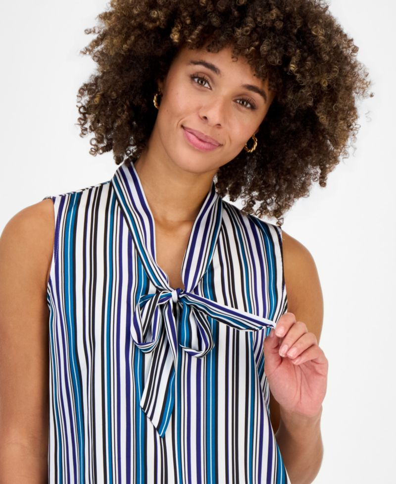 Women's Printed Tie-Neck Sleeveless Blouse