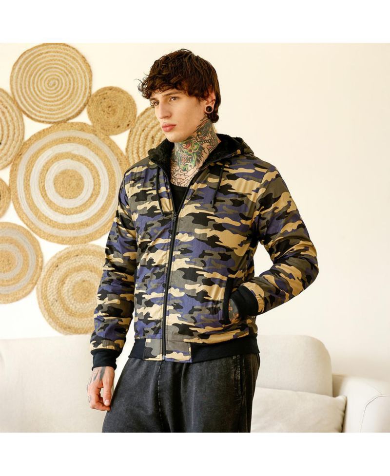 Men's Army Green & Khaki Beige Camouflage Fleece-Lined Jacket