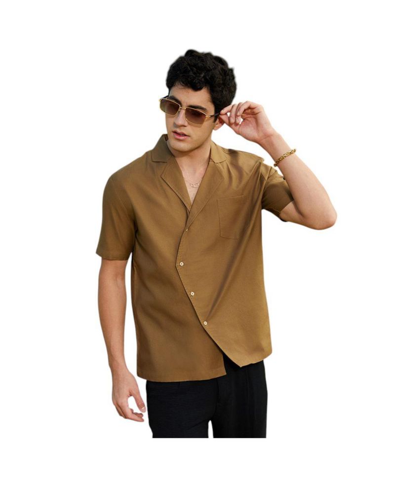 Men's Camel Brown Asymmetrical Cuban Shirt