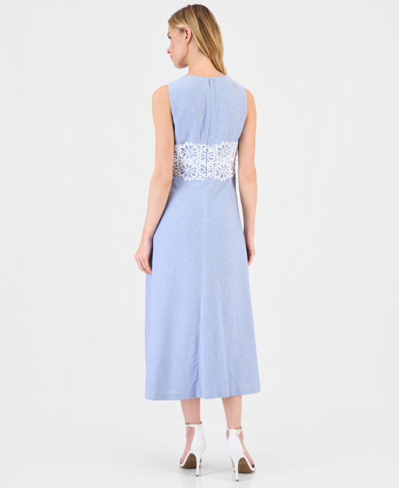 Women's Linen-Blend Lace-Trim A-Line Midi Dress