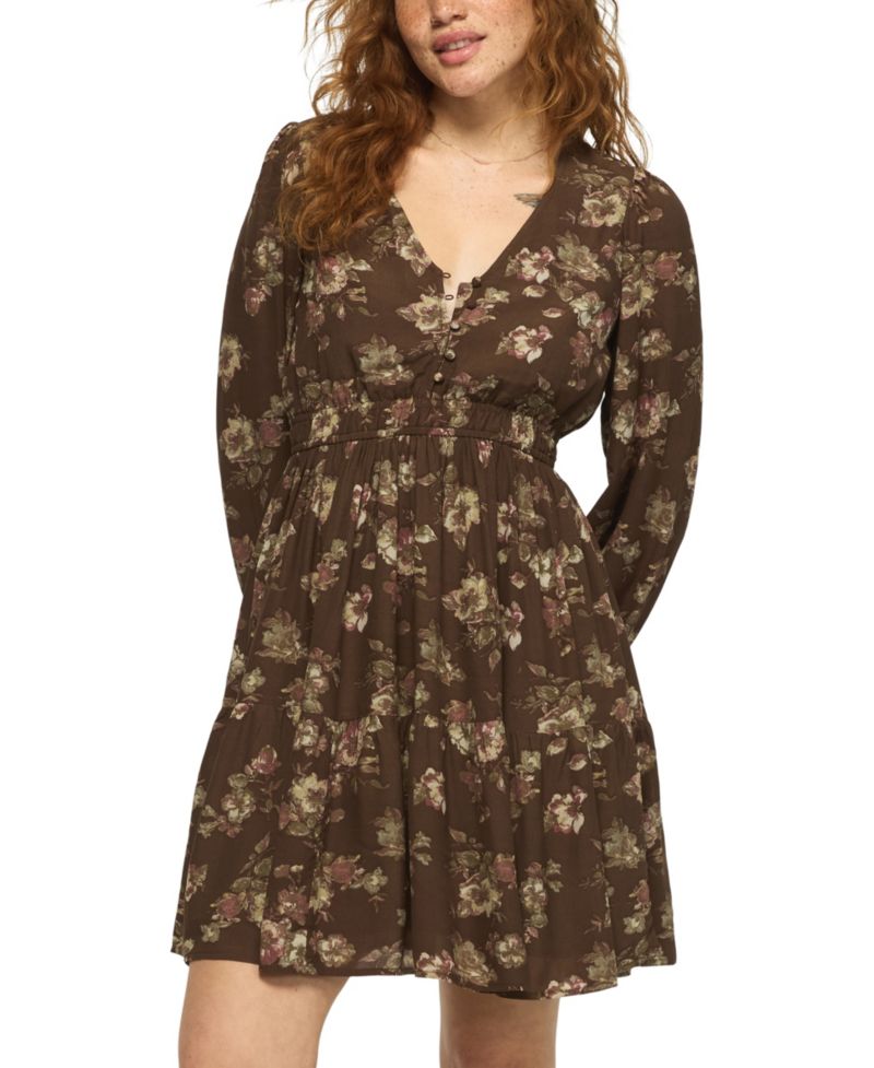 Women's Long-Sleeve Smocked-Waist Floral Mini Dress