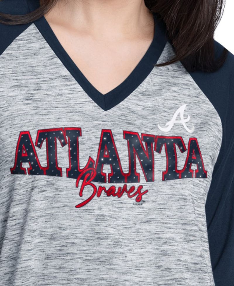 Women's Navy/Heather Navy Atlanta Braves Speed Training 3/4-Sleeve Rhinestone V-Neck T-Shirt