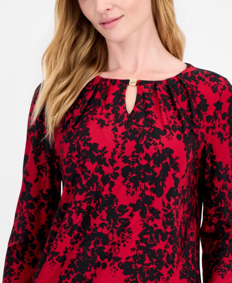 Women's 3/4-Sleeve Floral-Print Pleated-Neckline Blouse