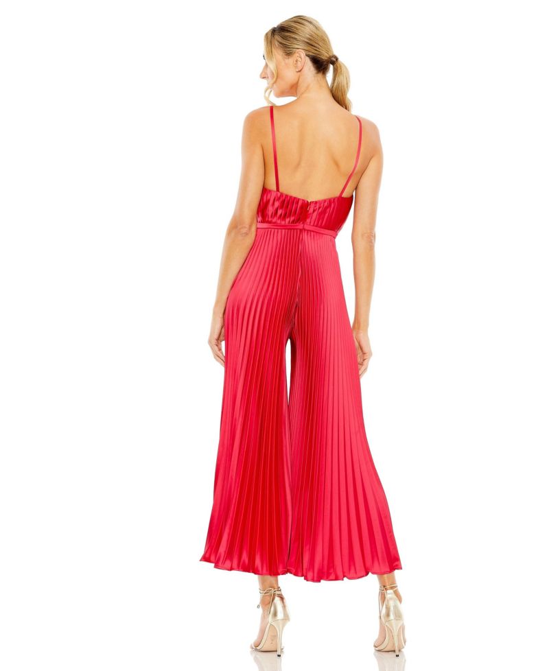 Women's Cropped Pleated V-Neck Wide Leg Jumpsuit