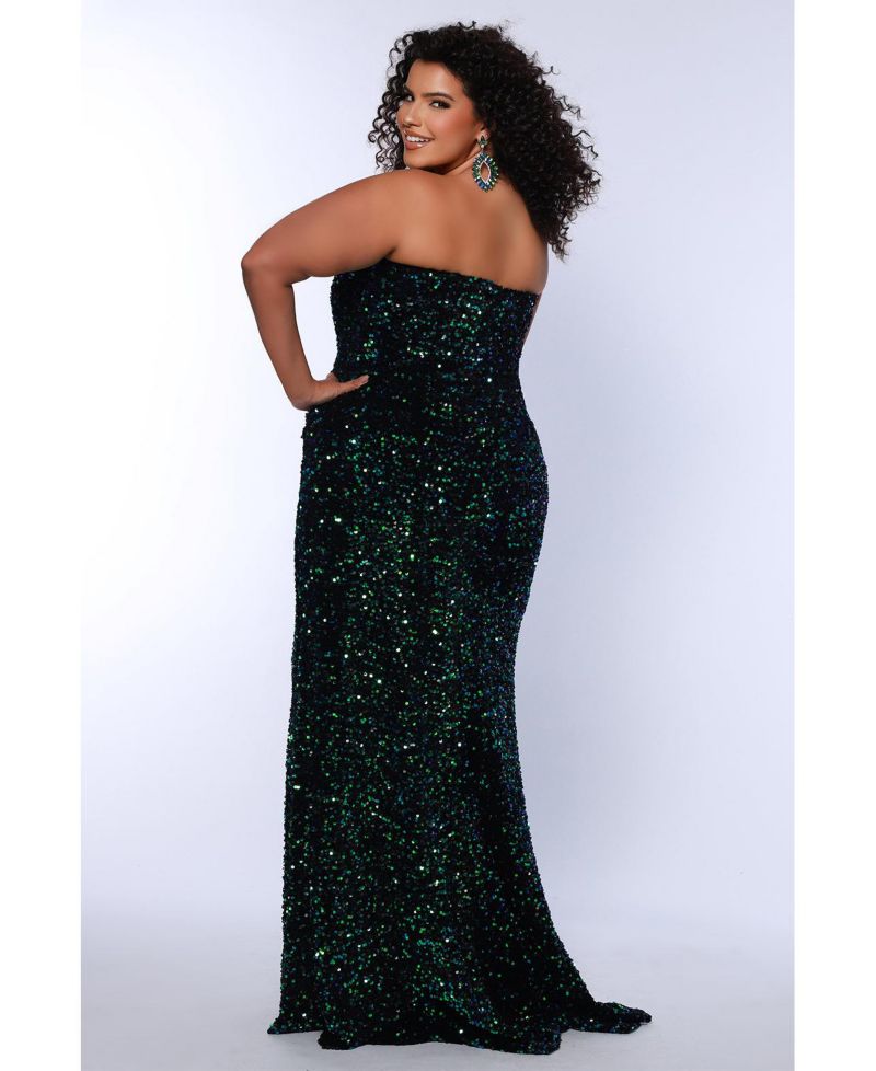 Women's Strapless Peacock Sequin Velvet Fitted Formal Dress with Slit