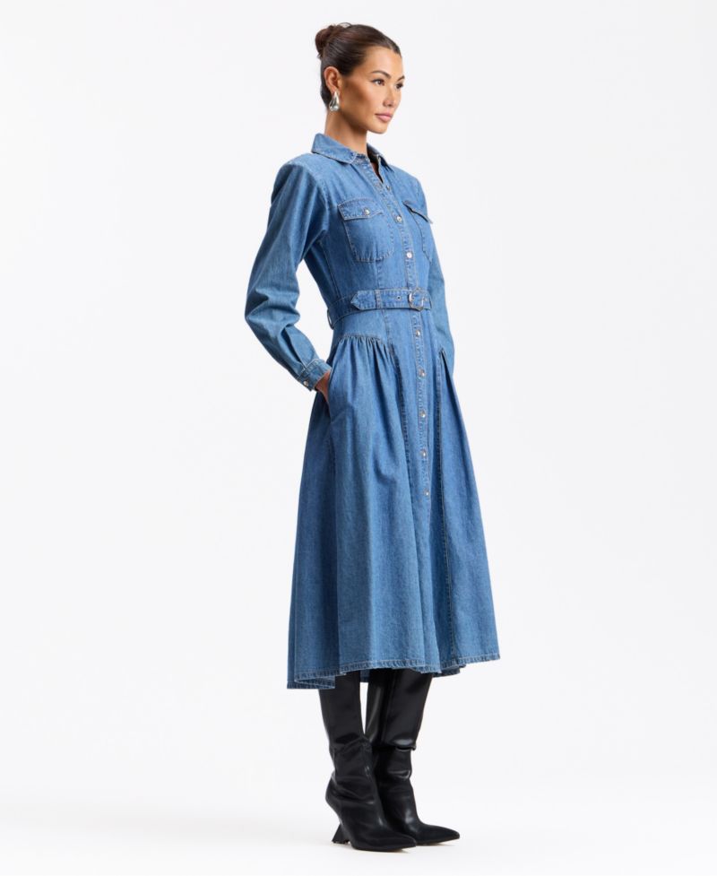 Women's Fit & Flare Belted Statement-Shoulder Denim Midi Shirt Dress
