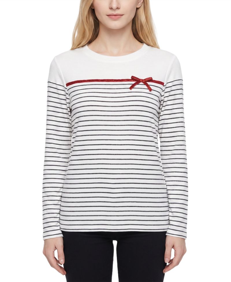 Women's Long-Sleeve Metallic-Ribbon Bow T-Shirt