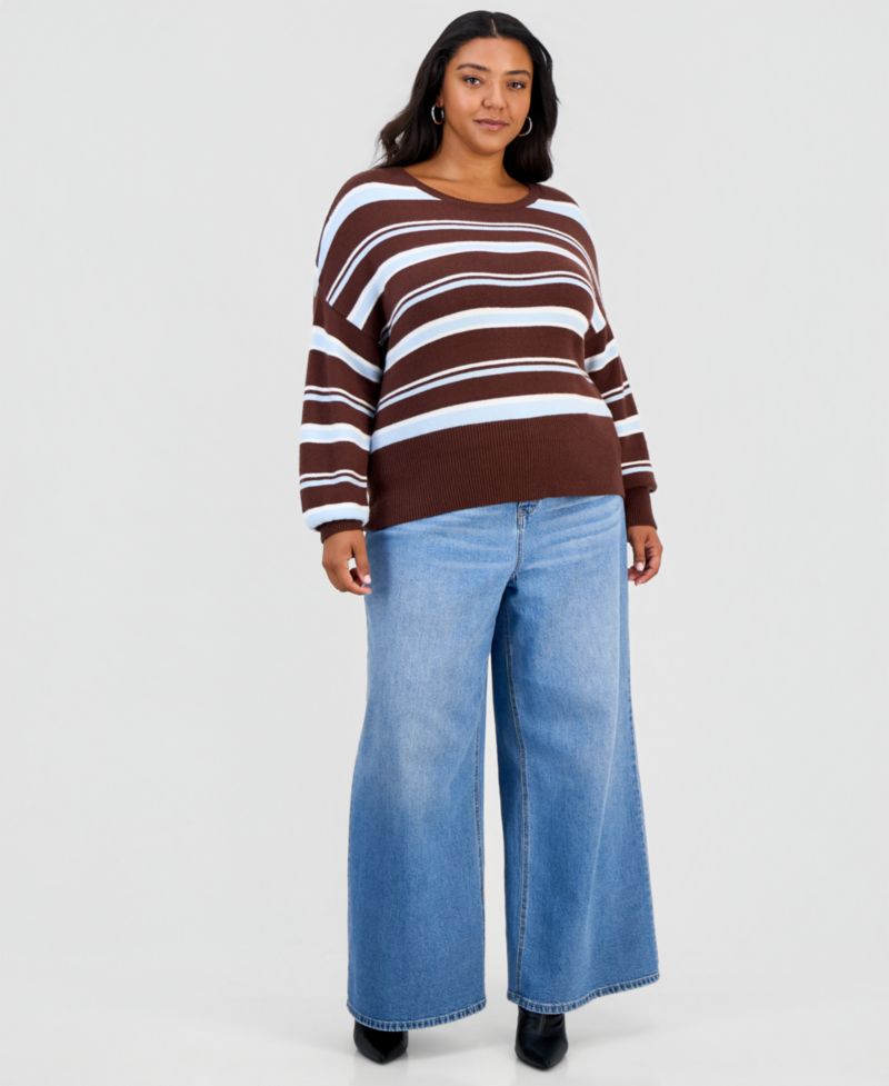 Plus Size Striped Crewneck Long-Sleeve Sweater