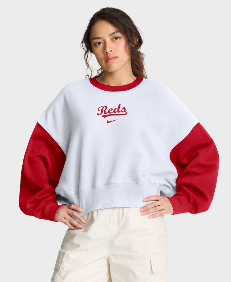 Women's White/Red Cincinnati Reds Oversized High Hip Fleece Sweatshirt