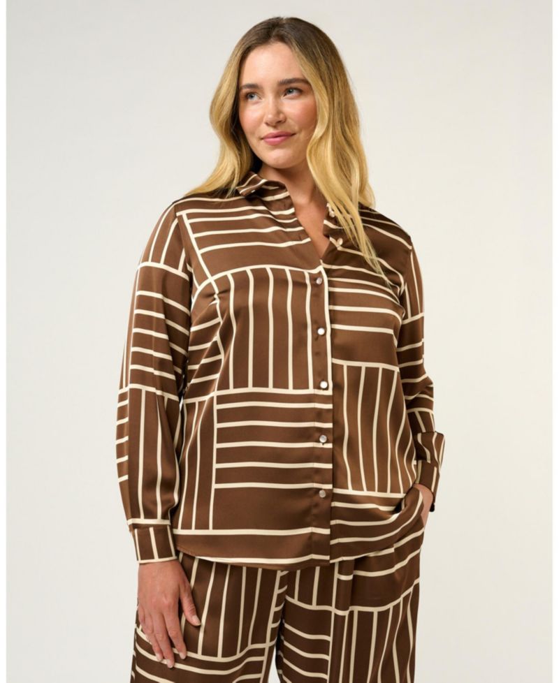 Plus Sizes Josie Geometric Collared Button-Front Satin Shirt