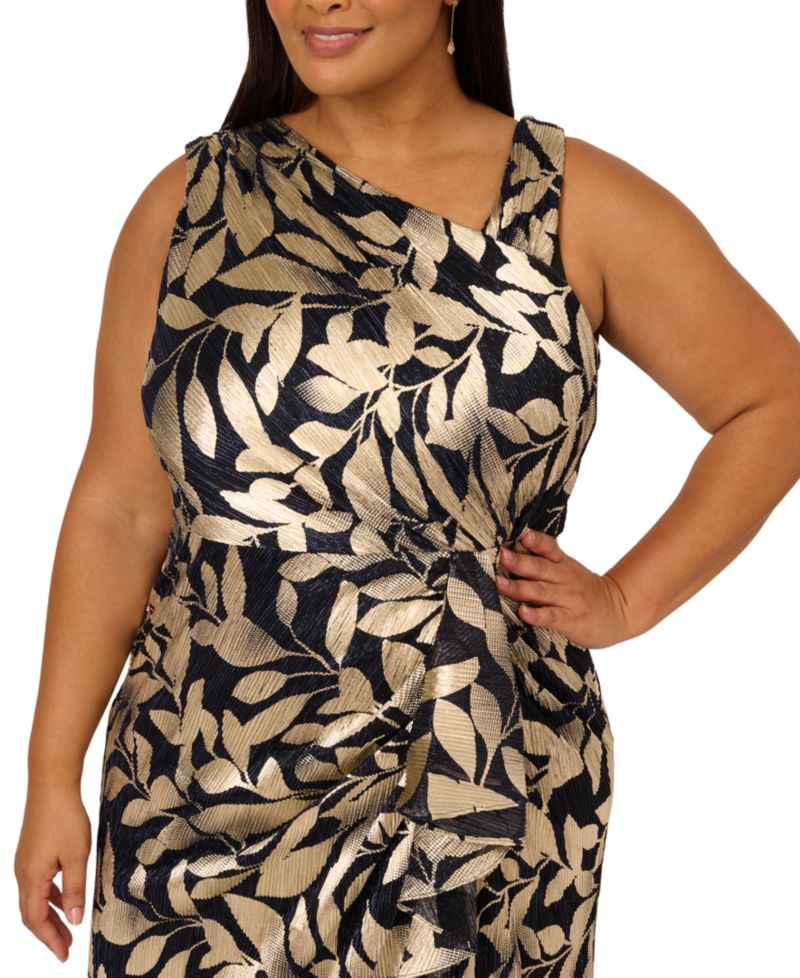 Plus Size Foil-Print Asymmetric Gown