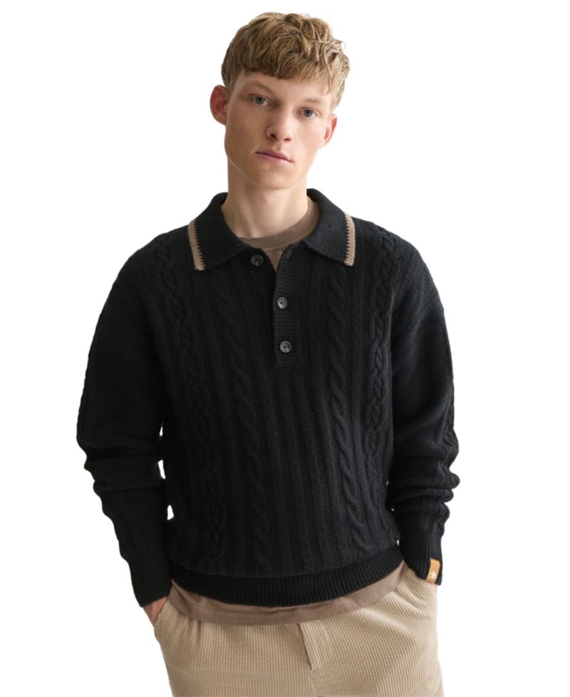Men's Soft Knit Polo Cable Dropped Shoulder Polo Sweater