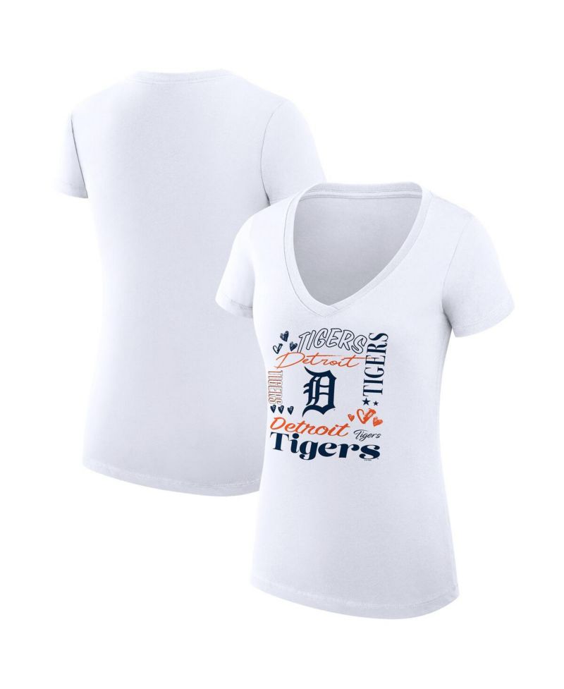 Women's White Detroit Tigers Collage Team Graphic V-Neck Fitted T-Shirt